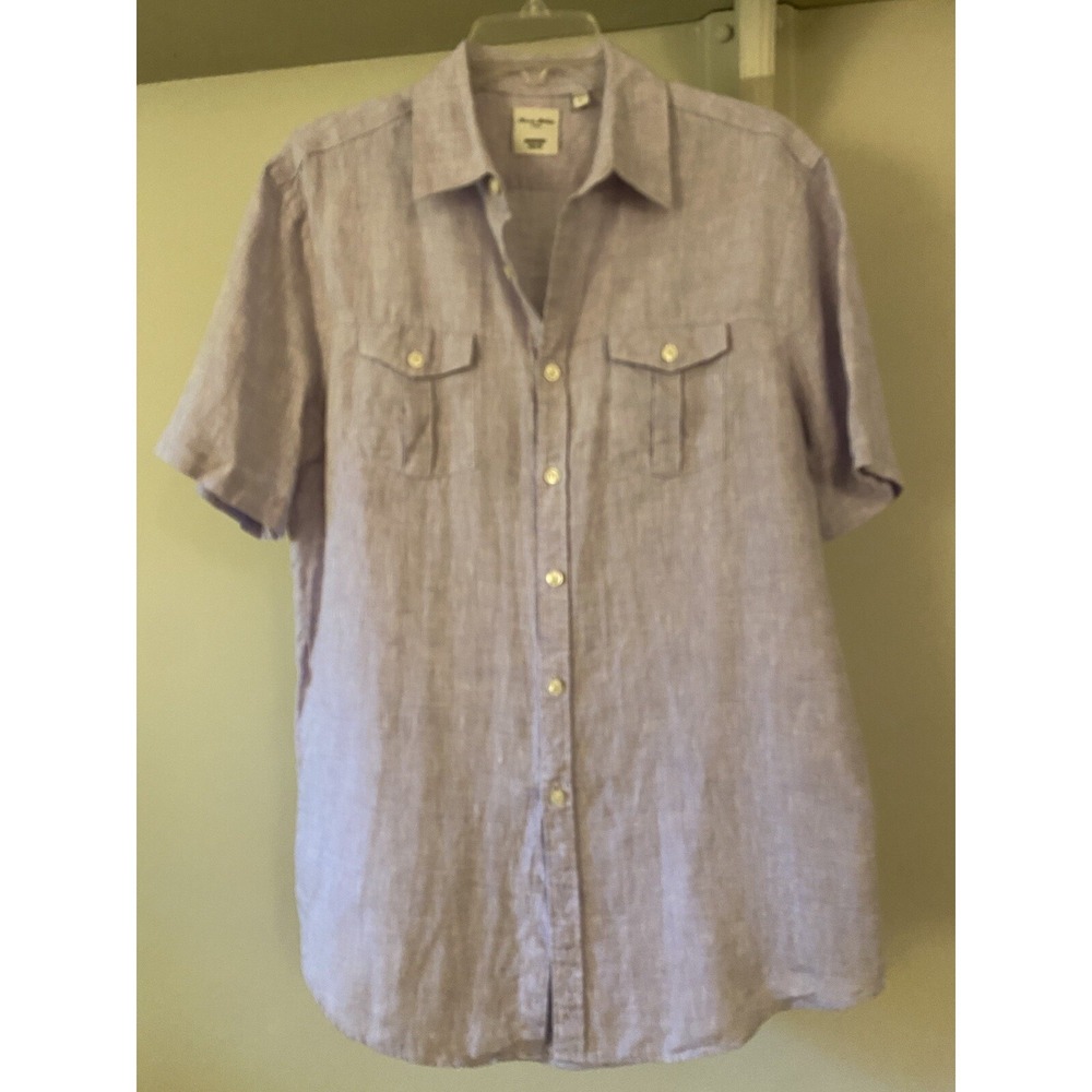 MURANO Lavender Men's Baird McNutt Linen Short Sleeve Button Up Shirt L Slim Fit